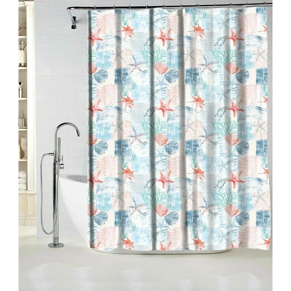 Coastal Shower Curtain Sea Life Coral Starfish Clams Polyester Blue Pink White